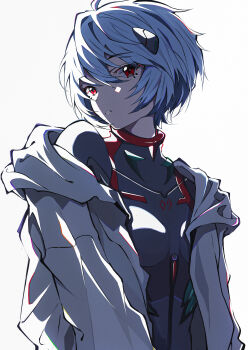 Rule 34 | 1girl, absurdres, ayanami rei, black bodysuit, blue hair, bodysuit, commentary request, evangelion: 3.0 you can (not) redo, hair between eyes, hair ornament, highres, hood, hooded jacket, interface headset (evangelion), jacket, looking at viewer, mecha pilot suit, neon genesis evangelion, off shoulder, open clothes, open jacket, parted lips, pension z, plugsuit (evangelion), rebuild of evangelion, red eyes, revision, short hair, simple background, solo, thick outlines, upper body, white background, white jacket