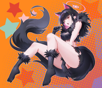 1girl animal_ears black_fur black_gloves black_hair black_shirt black_skirt black_socks black_tail blue_archive blush breasts candy cat_ears chinese_commentary colored_inner_hair commentary dtcy english_commentary extra_ears fake_tail fangs food from_below full_body fur_socks gloves hair_behind_ear hair_ornament hairclip halloween halo highres holding holding_candy holding_food holding_lollipop kazusa_(blue_archive) kazusa_(halloween)_(blue_archive) lollipop looking_at_viewer medium_hair mixed-language_commentary multicolored_hair official_alternate_costume open_mouth orange_background outline pink_eyes pink_hair pink_halo pink_lips polka_dot polka_dot_background shirt simple_background skirt socks solo star_(symbol) star_symbol_background tail thighs tongue tongue_out werewolf_costume white_outline wolf_tail