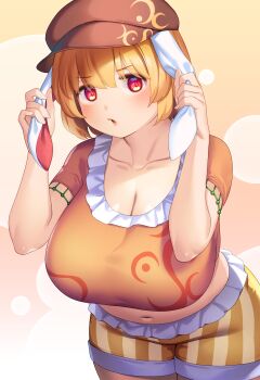 1girl absurdres animal_ears blonde_hair blush breasts brown_hat cleavage commentary_request cowboy_shot floppy_ears hand_on_own_ear hat highres huge_breasts leaning_forward looking_at_viewer midriff navel newsboy_cap open_mouth orange_shirt pulling_own_ear rabbit_ears rabbit_girl red_eyes ringo_(touhou) shirt short_hair short_sleeves shorts solo tarmo touhou yellow_background yellow_shorts