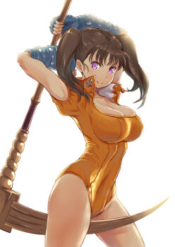 10s 1girl absurdres arms_up between_legs bodysuit breasts brown_hair cleavage cowboy_shot diane_(nanatsu_no_taizai) elbow_gloves female_focus fingerless_gloves from_side gloves grey_hair highres holding holding_weapon large_breasts leotard light_smile long_hair looking_at_viewer nanatsu_no_taizai puffy_short_sleeves puffy_sleeves purple_eyes scythe seven_deadly_sins short_sleeves simple_background skindentation smile solo twintails wa_(genryusui) weapon white_background