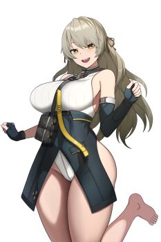 1girl absurdres armpits asymmetrical_gloves bare_shoulders barefoot blue_thighhighs blush breasts brown_hair cero_(last2stage) commentary cowboy_shot dress english_commentary feet fingerless_gloves fingernails girls&#039;_frontline girls&#039;_frontline_2:_exilium gloves green_eyes hair_ribbon hand_up highleg highres lainie_(girls&#039;_frontline_2) large_breasts leotard long_hair looking_at_viewer mismatched_gloves multiple_girls necktie no_pants open_mouth pouch ribbon shirt side-tie_peek simple_background skindentation smile solo standing standing_on_one_leg star-shaped_pupils star_(symbol) symbol-shaped_pupils teeth textless_version thigh_strap thighhighs thighs tight_clothes tight_dress toes turtleneck turtleneck_dress ump40_(girls&#039;_frontline) upper_teeth_only white_background white_leotard yellow_necktie zettai_ryouiki