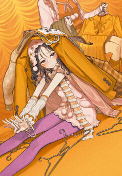 2girls arm_warmers black_hair cherico clothes_hanger commentary_request dress highres jacket jacket_over_head jewelry looking_at_viewer multiple_girls multiple_rings original pantyhose pom_pom_(clothes) purple_pantyhose ring scarf short_dress sitting yellow_jacket