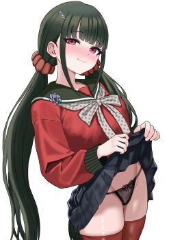 1girl :3 absurdres black_panties blunt_bangs breasts brown_hair clothes_lift commentary_request danganronpa_(series) danganronpa_v3:_killing_harmony ego_121224 hair_ornament hair_scrunchie harukawa_maki highres large_breasts long_hair long_sleeves looking_at_viewer low_twintails mole mole_under_eye panties pleated_skirt red_eyes red_scrunchie red_shirt sailor_collar school_uniform scrunchie shirt skirt skirt_lift smile solo star_(symbol) star_print twintails underwear