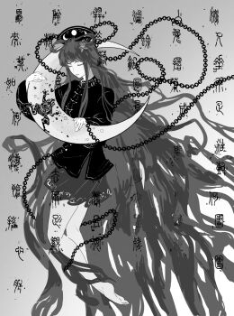 1girl absurdly_long_hair alternate_costume bare_legs barefoot bow-shaped_hair chain changpao chinese_clothes chinese_text closed_eyes collared_shirt crescent_moon crescent_print dalachi_(headdress) expressionless feet floating flower full_body grey_background hair_flower hair_ornament hair_rings highres junko_(touhou) long_hair long_sleeves miniskirt moon moon_print pleated_skirt print_headwear shirt skirt solo tansuyuli text_background toes touhou translation_request very_long_hair wavy_hair