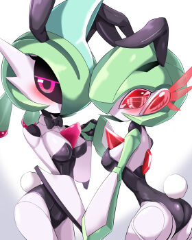 2girls absurdres animal_ears ass back backless_leotard bare_shoulders black_bow black_bowtie black_leotard black_sclera blue_hair blush bob_cut bow bowtie breasts colored_sclera colored_skin covered_erect_nipples cowboy_shot fake_animal_ears fake_tail female_focus gardevoir gen_3_pokemon green_hair green_skin hair_over_one_eye half-closed_eyes hand_up highres holding_hands humanoid_robot iron_valiant joints leotard looking_at_viewer mechanization medium_breasts medium_hair mohawk multicolored_hair multicolored_skin multiple_girls nintendo no_mouth one_eye_covered personification pink_eyes playboy_bunny pokemon pokemon_(creature) rabbit_ears rabbit_tail red_eyes red_hair red_sclera robot robot_joints short_hair simple_background standing strapless strapless_leotard tail traditional_bowtie twintails two-tone_skin white_background white_skin zerokun135