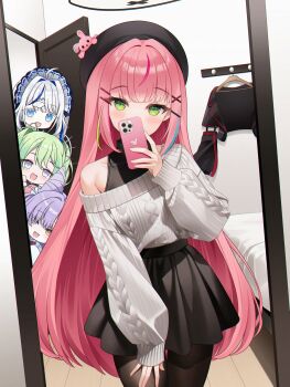 4girls absurdres aran_sweater arm_at_side armpit_crease ayatsuno_yuni bed bedroom beret black_hat black_pantyhose black_shirt black_skirt blue_eyes blush cable_knit cellphone clothes_hanger commentary_request covered_mouth cowboy_shot green_eyes green_hair grey_hair grey_sweater hair_ornament hairclip hanako_nana hand_on_own_thigh hand_up hat heterochromia highres holding holding_phone indoors jacket korean_commentary long_hair miniskirt mirror mirror_selfie multicolored_eyes multicolored_hair multiple_girls off-shoulder_sweater off_shoulder open_door open_mouth pantyhose peto_(hanako_nana) phone pink_hair pleated_skirt purple_hair reflection reflection_focus ribbed_sweater rim_(rimmon2438) selfie shirt single_off_shoulder skirt sleeveless sleeveless_shirt smartphone smile solo_focus stellive straight_hair streaked_hair sweater sweater_tucked_in tenko_shibuki two-tone_eyes unworn_jacket variant_set very_long_hair virtual_youtuber wispy_bangs x_hair_ornament yuzuha_riko