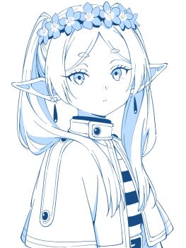 Rule 34 | 1girl, blue theme, capelet, earrings, elf, frieren, head wreath, highres, jewelry, long hair, looking at viewer, monochrome, niyane, parted bangs, parted lips, pointy ears, shirt, simple background, solo, sousou no frieren, striped clothes, striped shirt, teardrop earrings, thick eyebrows, twintails, upper body, white background