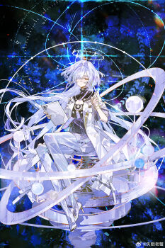 1girl chinese_commentary closed_mouth commentary_request dress earrings full_body hair_over_one_eye halo hand_up high_heels highres holding id_card jacket jewelry krab_(fumekrab) mornye_(wuthering_waves) purple_dress red_eyes see-through_body sitting solo tacet_mark_(wuthering_waves) triangle_earrings white_jacket wuthering_waves