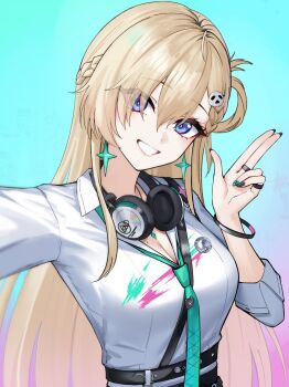 1girl absurdres aoi_riko blonde_hair bracelet braid breasts cleavage commentary earrings gradient_background hair_between_eyes hair_ornament hair_over_one_eye headphones headphones_around_neck highres jewelry long_hair looking_at_viewer lynae_(wuthering_waves) medium_breasts mole mole_on_breast necktie purple_eyes selfie shirt skirt skull_hair_ornament smile solo star_(symbol) star_earrings upper_body very_long_hair white_shirt wuthering_waves