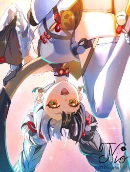 1girl :d black_hair braid chinese_clothes commentary detached_sleeves dialyn_(zenless_zone_zero) double_bun earrings hair_bun hair_ornament jewelry multicolored_hair om_rm1101 open_mouth panda shorts smile sparkle thighhighs twin_braids two-tone_hair upside-down white_hair yellow_eyes zenless_zone_zero