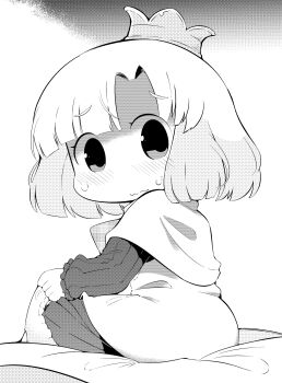 1girl bed_sheet blush bow capelet closed_mouth commentary_request crown dungeon_de_ohanatsumi_nanka_yurushimasen!! greyscale hanomido highres long_sleeves looking_at_viewer looking_back mini_crown monochrome parted_bangs plaid_bow princess_(dungeon_de_ohanatsumi_nanka_yurushimasen!!) puffy_long_sleeves puffy_sleeves solo sweat wavy_mouth white_background