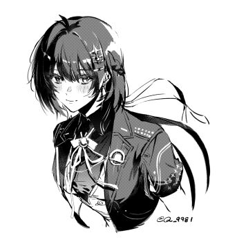 1girl bow bowtie commentary_request cropped_torso female_rover_(wuthering_waves) greyscale highres jacket long_hair looking_at_viewer monochrome official_alternate_costume open_clothes open_jacket q_9981 rover_(wuthering_waves) short_sleeves simple_background smile solo twitter_username white_background wuthering_waves