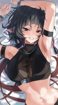 1girl absurdres animal_ear_piercing animal_ears arm_on_own_head arm_strap armpits arms_up black_hair black_shirt blue_eyes blush bodystocking bound bound_wrists breasts chain commentary crop_top cuffs grin handcuffs highres id_card jane_doe_(zenless_zone_zero) kimae large_breasts long_hair looking_at_viewer midriff mole mole_on_breast mouse_ears mouse_girl multicolored_hair navel red_hair see-through_clothes shirt smile solo sweat upper_body wet wet_hair zenless_zone_zero