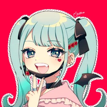 1girl :d aqua_eyes aqua_hair bandaid bandaid_on_neck barbell_piercing black_nails black_ribbon commentary_request ear_piercing facial_mark fang fingernails frilled_shirt frills hair_ornament hair_ribbon hatsune_miku heart heart_facial_mark heart_hair_ornament highres jewelry looking_at_viewer mask momokan_(mmkn100) mouth_mask nail_polish open_mouth outline piercing pink_shirt red_background ribbon ring shirt signature smile solo spike_piercing teeth tongue twintails upper_teeth_only v vampire_(vocaloid) vocaloid wings