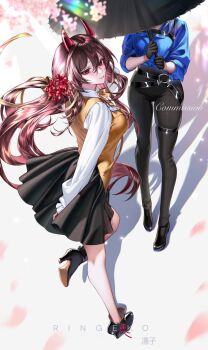 2girls artist_name black_gloves black_pants black_shoes black_skirt blue_shirt breasts brown_hair closed_mouth commentary commission flower gloves hair_between_eyes high_heels highres holding holding_umbrella horns long_hair long_sleeves medium_breasts multiple_girls orange_ribbon orange_vest original pants red_eyes red_horns ribbon ringeko-chan shirt shoes skirt smile spider_lily standing symbol-only_commentary umbrella vest white_shirt