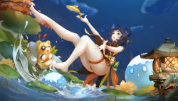 1girl absurdres animal ass bandaid bandaid_on_knee bandaid_on_leg bare_arms bare_legs barefoot bear blue_hair braid braided_hair_rings chili_pepper china_dress chinese_clothes dress feet fish genshin_impact guoba_(genshin_impact) hair_rings highres huge_filesize liu_liaoliao night night_sky panda panties short_eyebrows sky sleeveless sleeveless_dress soles toes underwear water xiangling_(genshin_impact) yellow_eyes