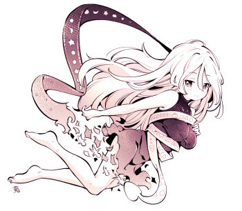 Rule 34 | 1girl, bare shoulders, barefoot, blush, breasts, commentary, dress, floating, floating hair, full body, gradient clothes, gradient dress, hair between eyes, hand on own chest, long hair, looking at viewer, medium breasts, monochrome, signature, sleeveless, sleeveless dress, smile, snake, solo, tanasuke, touhou, turtleneck, turtleneck dress, yuiman asama
