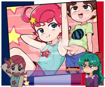 1boy 2girls animated aqua_hair arm_behind_head arm_up armpit_sex armpits blue_eyes blue_shirt blue_shorts brown_hair calamity33 closed_mouth clothes_pull comet_(comet-san) cosmic_baton_girl_comet-san cum cum_on_armpits cum_on_body cum_on_upper_body dialogue_box english_text fujiyoshi_tsuyoshi hair_ornament hetero long_hair meteor_(comet-san) multiple_girls open_mouth penis pink_hair pink_shorts rolling_eyes shirt short_hair short_sleeves shorts shorts_pull shota sleeveless sleeveless_shirt smile star_(symbol) star_hair_ornament tagme testicles thick_eyebrows uncensored video