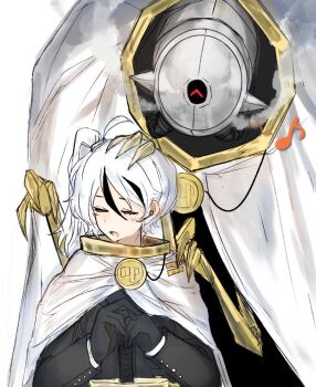 1boy 1girl black_gloves black_hair black_jacket cape claws closed_eyes clothed_robot commentary_request earpiece gloria_(project_moon) gloves gold_trim hand_on_another's_head hand_on_another's_shoulder hands_on_hilt holding holding_sword holding_weapon hosakana jacket library_of_ruina multicolored_hair musical_note open_mouth project_moon robot side_ponytail simple_background spoken_musical_note steam streaked_hair sweatdrop sword weapon white_background white_cape white_hair yan_vismok