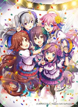 5girls ahoge black_hair black_hairband black_thighhighs blue_bow blue_eyes bow braid braided_hair_rings brown_eyes brown_hair brown_horns confetti copyright_notice demon_girl demon_horns demon_tail demon_wings double_v feathered_wings flower frilled_wrist_cuffs frills from_above grey_hair hair_between_eyes hair_bow hair_flower hair_ornament hair_rings hairband hairpin halo holding_hands horns idol_clothes interlocked_fingers long_hair marie_(z/x) multiple_girls nu_(z/x) official_art one_eye_closed open_mouth pecteilis pink_hair pointy_ears prism_(z/x) purple_eyes red_bow shoes smile sparkle spotlight star_(symbol) star_hair_ornament tail takase_kou thighhighs traditional_halo twintails ugly_(z/x) v very_long_hair white_shoes white_wings wings wrist_cuffs yellow_eyes z/x