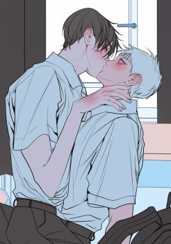 2boys backpack bag black_bag black_hair black_pants blush closed_eyes collared_shirt grey_eyes hair_between_eyes hand_on_another's_neck highres hikaru_ga_shinda_natsu indoors indou_hikaru kiss male_focus memon0te mole mole_on_neck multiple_boys pants school_uniform shirt short_sleeves tsujinaka_yoshiki white_hair white_shirt wide-eyed yaoi