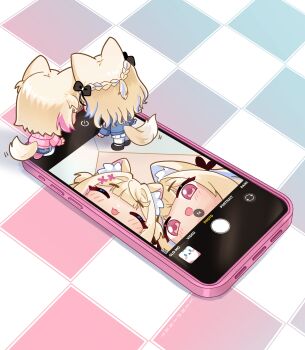 2girls absurdres animal_ears blonde_hair blue_hair blue_sweater cellphone closed_eyes dog_ears dog_girl dog_tail fuwawa_abyssgard fuwawa_abyssgard_(casual) highres hololive hololive_english lenpinky mini_person mococo_abyssgard mococo_abyssgard_(casual) multicolored_hair multiple_girls official_alternate_costume phone pink_eyes pink_hair pink_sweater selfie siblings sisters smartphone streaked_hair sweater tail twins two-tone_hair virtual_youtuber