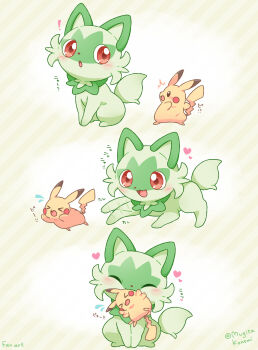 Rule 34 | !, > <, :d, :o, animal focus, artist name, black eyes, blush, cat, closed eyes, commentary request, gen 1 pokemon, green fur, heart, height difference, highres, mouse (animal), mouth hold, mugita konomi, nintendo, no humans, open mouth, pikachu, pokemon, pokemon (creature), pokemon focus, red eyes, scared, smile, sprigatito, striped background, tail, yellow fur