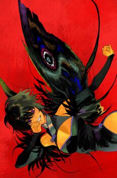 Rule 34 | 1girl, :d, above-cleavage cutout, absurdres, black dress, black hair, black wings, clothing cutout, commentary, detached sleeves, dress, fur collar, gost 56, halter dress, halterneck, highres, insect wings, looking at viewer, moth wings, muscular, muscular female, open mouth, original, outstretched arm, purple eyes, short hair, side slit, sideways, smile, twisted torso, wings