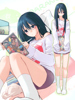 1girl absurdres blanket blue_eyes blue_hair book book_stack closed_mouth collarbone commentary dini_illust full_body highres holding holding_stylus holding_tablet_pc ipad long_hair long_sleeves looking_at_object looking_to_the_side multiple_views original pillow purple_shorts semi-rimless_eyewear shirt shorts simple_background single_off_shoulder sitting socks solo sticker straight-on stylus tablet_pc under-rim_eyewear white_socks