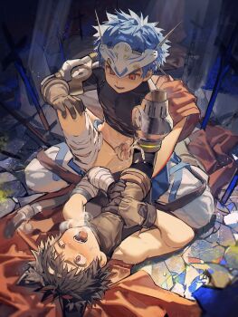 2boys absurdres asphyxiation cat_boy commentary_request cum ejaculating_while_penetrated ejaculation gloves highres leather leather_gloves male_focus male_penetrated multiple_boys neck_grab open_mouth original pinned_down shota sora_(zwz030) straddling strangling struggling tongue tongue_out
