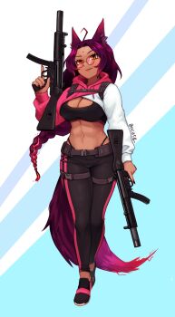 1girl abs ahoge animal_ear_fluff animal_ears belt bindi black_panties black_sports_bra borrowed_character braid breasts cat_ears cat_tail cleavage commentary commission cropped_hoodie dark-skinned_female dark_skin dual_wielding edie_crop_hoodie english_commentary fingernails full_body glasses gun h&amp;k_mp5 highleg highleg_panties highres holding holding_gun holding_weapon holster hood hood_down hoodie iori_(ryushiko) large_breasts lips long_braid long_hair long_tail looking_over_eyewear looking_over_glasses midriff nail_polish navel ocatg orange_eyes original panties pants pince-nez pink-tinted_eyewear pink-tinted_glasses purple_hair purple_nails round_eyewear sharp_fingernails shoes shoulder_holster single_braid sneakers solo sports_bra striped submachine_gun sunglasses tail thigh_strap tinted_eyewear trigger_discipline twitter_username underwear vertical_stripes walking weapon yellow-framed_eyewear yoga_pants