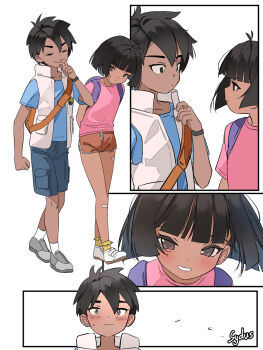1boy 1girl arms_behind_back artist_name backpack bag black_hair blue_shorts blunt_bangs blush dark-skinned_female dark-skinned_male dark_skin diego_marquez dolphin_shorts dora_marquez dora_the_explorer full_body grey_shoes highres looking_at_another multiple_views orange_shorts pink_shirt purple_bag shirt shoes short_sleeves shorts simple_background smile sydus upper_body v-shaped_eyebrows white_background