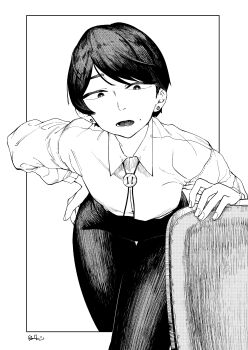 1girl earrings ez_tanishi jewelry looking_at_viewer monochrome official_art pants short_hair tagme