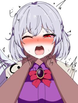 1boy 1girl blush bow braid breasts brooch collared_shirt ears feathered_wings hair_between_eyes half_up_braid highres jacket japanese_text jewelry kishin_sagume large_breasts looking_at_viewer nose one_eye_closed open_mouth pov pov_hands purple_shirt red_bow red_eyes ryona saliva shirt short_hair single_wing strangling sweat brown_jacket tateno_a tears teeth touhou upper_body upper_teeth_only white_background white_wings wings