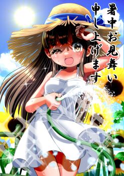 1girl arm_up black_hair blue_bow bow breasts commentary_request cowboy_shot dress field flower flower_field hat hat_bow hiro68 holding holding_hose hose long_hair looking_at_viewer one_eye_closed open_mouth original panties pantyshot small_breasts smile solo spaghetti_strap standing straw_hat summer sun sundress sunflower sunflower_field sunlight swimsuit translated underwear water white_panties yellow_eyes zanshomimai