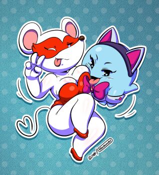 2020 2020s 2girls animal_costume animal_ears artist_name blush bow bowtie breast_press breasts cat_costume cat_ears costume dotted_background female_focus furry furry_female gesture ghost ghost_girl high_heels highres joao_pereira lahla_(mario) leotard looking_at_viewer mario_(series) markings mask masked mole mole_under_mouth mouse_ears mouse_girl mouse_tail ms._mowz multiple_girls nintendo no_humans one_eye_closed open_mouth paper_mario paper_mario:_the_thousand-year_door patterned_background polka_dot polka_dot_background red_leotard red_mask saliva shoes shortstack signature simple_background solo solo_focus spirit tail thick_thighs thighs tongue tongue_out v video_game watermark white_eyes white_fur wide_hips wink