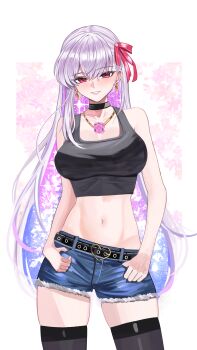 1girl absurdres belt black_choker black_thighhighs breasts choker colored_inner_hair commentary crop_top crystal_hair denim denim_shorts earrings fate/grand_order fate_(series) flower flower_necklace hair_ribbon highres jewelry kama_(adult)_(fate) kama_(fate) kaworu13 large_breasts long_hair looking_at_viewer midriff multicolored_hair navel necklace pink_hair purple_hair red_eyes ribbon shorts skindentation smile thighhighs thumbs_in_pockets very_long_hair white_hair