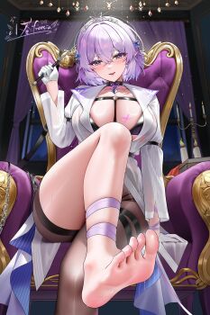1girl bad_bilibili_link bad_link barefoot black_choker black_pantyhose blush breasts chair character_name character_request choker earrings highres holding indie_virtual_youtuber jewelry large_breasts leg_up long_sleeves looking_at_viewer mole mole_under_eye on_chair open_mouth pantyhose pendant purple_hair qing_wu shirt single_leg_pantyhose sitting solo tiara toes v-bangs virtual_youtuber white_shirt