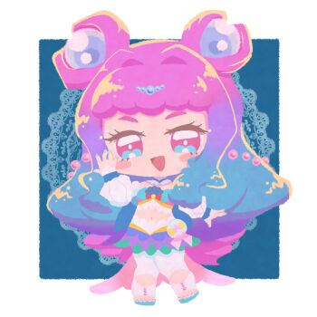 1girl :d aqua_nails bare_shoulders beads blue_background blue_hair blue_sandals blue_skirt blue_tube_top blush_stickers border brooch chibi chibi_only circlet clothing_cutout commentary cure_la_mer detached_collar detached_sleeves doily double_bun eyelash_ornament eyelashes fingernails full_body gradient_hair hair_beads hair_bun hair_intakes hair_ornament hand_up heart heart_in_eye high_heel_sandals high_heels highres jewelry knees_together_feet_apart lace_background laura_la_mer layered_skirt leggings long_hair long_sleeves looking_at_viewer magical_girl midriff multicolored_hair multicolored_skirt nail_polish navel open_mouth otannu_(bkdenta) outside_border pact_holder pink_eyes pink_hair pink_nails pink_skirt pouch precure puffy_detached_sleeves puffy_sleeves sandals skirt smile solo sphere_hair_ornament standing strapless symbol_in_eye thick_eyebrows toenail_polish toenails toes train_(clothing) tropical-rouge!_precure tube_top two-tone_hair two-tone_skirt two-tone_tube_top very_long_hair white_border white_leggings white_sleeves