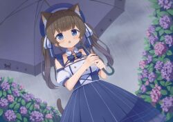 Rule 34 | 1girl, absurdres, animal ears, bad id, bad pixiv id, beret, blue eyes, blush, bow, brown hair, cat ears, cat girl, cat tail, dress, flower, hair ribbon, hat, highres, holding, holding umbrella, hydrangea, indie virtual youtuber, itigori ena, looking at viewer, mole, mole under eye, open mouth, outdoors, rain, ribbon, solo, tail, twintails, tyakomis, umbrella, virtual youtuber