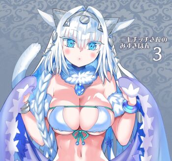 1girl animal_ears bare_shoulders bikini blue_eyes blush bracelet breasts cat_ears cat_girl cat_tail cleavage commentary_request detached_collar dobrynya_nikitich_(fate) dobrynya_nikitich_(swimsuit_lancer)_(third_ascension)_(fate) fate/grand_order fate_(series) fur_collar hairband jewelry large_breasts long_hair looking_at_viewer navel pendant robina solo swimsuit tail white_bikini white_hair