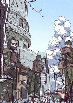 1other 40x46mm_lv 4boys absurdres ammunition ammunition_pouch assault_rifle axe backpack bag balaclava beanie beard big_pipe_(escape_from_tarkov) birdeye_(escape_from_tarkov) black_gloves blood blood_on_clothes blood_on_hands boots brown_boots brown_hair brown_pants bullet_hole bulletproof_vest camouflage camouflage_pants camouflage_shirt ear_protection escape_from_tarkov explosive facial_hair fn_scar_17 fragmentation_grenade full_beard glock gloves green_bag grenade grenade_cartridge grenade_launcher gun hand_grenade hand_up handgun hat hatchet_(axe) helmet highres holding holding_weapon holster knight_(escape_from_tarkov) lighthouse long_sleeves m4_carbine m67_grenade mask milkor_mgl multiple_boys optical_sight outdoors pants parabellum pouch revolver_grenade_launcher rifle shirt short_hair short_sleeves skull_mask snow snowing suppressor tree vertical_foregrip visor_(armor) weapon