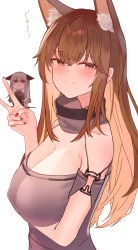Rule 34 | 2girls, absurdres, animal ear fluff, animal ears, arknights, bare shoulders, breasts, brown eyes, brown hair, chibi, cleavage, collar, commentary request, cosplay, fox ears, franka (arknights), frostleaf (arknights), frostleaf (arknights) (cosplay), grey collar, grey hair, grey shirt, hand up, highres, large breasts, long hair, looking at viewer, multiple girls, nail polish, off-shoulder shirt, off shoulder, red nails, shirt, short sleeves, simple background, smile, suzubotan, upper body, v, very long hair, white background