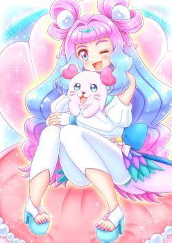 1girl 1other aqua_eyes aqua_hair blush cure_la_mer gradient_eyes gradient_hair highres hug hug_from_behind jewelry kururun_(precure) laura_la_mer long_hair long_sleeves looking_at_viewer multicolored_eyes multicolored_hair nail_polish niwatori_(syamo_chamo) one_eye_closed open_mouth pearl_hair_ornament pink_eyes pink_hair precure sandals smile toenail_polish toenails tropical-rouge!_precure