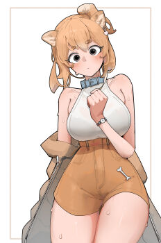 1girl absurdres animal_collar animal_ears azz0422 bare_shoulders blush bone bra_visible_through_clothes breasts brown_eyes brown_hair collar dog_ears dog_girl earrings eyelashes hair_between_eyes head_tilt heart heart_earrings highres jacket jewelry large_breasts looking_at_viewer medium_hair original shirt shorts sidelocks simple_background single_earring sleeveless sleeveless_shirt solo sweat thighs unworn_jacket watch welsh_corgi white_background wristwatch