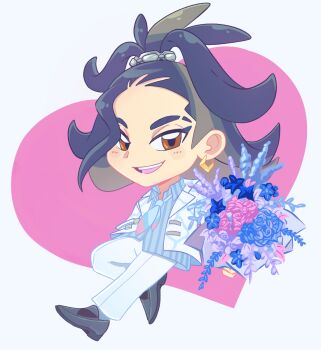 Rule 34 | 1boy, adaman (palentine's 2026) (pokemon), adaman (pokemon), alternate color, blue background, blue flower, blue hair, blue necktie, blue shirt, bouquet, brown eyes, chibi, earrings, eyebrow cut, flower, full body, heart, highres, holding, holding bouquet, jewelry, looking at viewer, male focus, necktie, nintendo, official alternate costume, pink flower, pokemon, pokemon masters ex, purple flower, rei (esprei96), shirt, solo