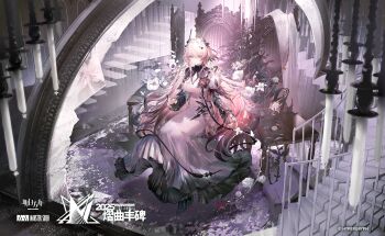 Rule 34 | 1girl, ambience synesthesia, arknights, black boots, black gloves, black horns, black sleeves, boots, breasts, candle, carpet, chinese commentary, cleavage, cleavage cutout, closed mouth, clothing cutout, collared dress, commentary request, copyright name, copyright notice, diamond cutout, dot nose, dress, expressionless, fingerless gloves, flower, frilled dress, frills, full body, gloves, hair between eyes, high collar, high heel boots, high heels, highres, horns, indoors, inoriac, large breasts, light particles, light rays, logo, long dress, long hair, long sleeves, looking at viewer, mirror, official art, on grass, pink dress, pink eyes, pink hair, pink theme, pointy boots, railing, rose, shoulder pads, solo, stairs, standing, table, theresa (arknights), very long hair, watermark, white flower, white rose