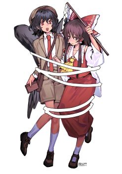 Rule 34 | 2girls, absurdres, artist name, ascot, black hair, bound together, bow, brown eyes, brown hair, brown hat, brown jacket, brown shoes, brown shorts, brown wings, chinese commentary, collared shirt, commentary request, dated, detached sleeves, flat cap, frilled bow, frilled hair tubes, frills, full body, hair bow, hair tubes, hakurei reimu, hat, highres, jacket, long hair, long sleeves, multiple girls, necktie, newsboy cap, open mouth, pointy ears, red bow, red eyes, red necktie, red skirt, rryy, shameimaru aya, shameimaru aya (newsboy), shirt, shoes, shorts, simple background, skirt, skirt set, socks, tearing up, touhou, white background, white shirt, white socks, wings, yellow ascot