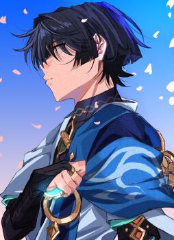 1boy aqua_gem aqua_sleeves arm_at_side armor black_bodysuit black_bridal_gauntlets black_hair blue_cape blue_eyes blue_hair blue_sky blunt_ends bodysuit bridal_gauntlets cape closed_mouth clutching_clothes covered_collarbone dintoge falling_petals from_side gem genshin_impact glowing_gem gold gold_ring hair_intakes hand_up highres japanese_armor japanese_clothes kimono kote kurokote layered_sleeves looking_to_the_side male_focus mandarin_collar middle_ring multicolored_hair outdoors petals pink_petals profile scaramouche_(genshin_impact) short_sleeves sky solo streaked_hair vision_(genshin_impact) wanderer_(genshin_impact) white_kimono white_petals white_sleeves white_trim wispy_bangs