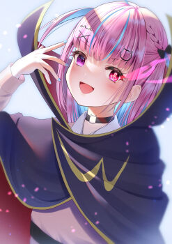 1girl alternate_costume anchor_symbol black_bow black_cape black_choker blue_background blue_hair blue_nails blunt_bangs blurry blush bow braid cape cardigan cat_hair_ornament choker code_geass collared_shirt colored_inner_hair cosplay glowing glowing_eye hair_bow hair_ornament hairclip hand_up high_collar highres hololive long_hair long_sleeves looking_at_viewer minato_aqua multicolored_hair nail_polish open_mouth pink_cardigan purple_eyes purple_hair school_uniform shirt simple_background smile solo streaked_hair symbol-shaped_pupils two_side_up unisanjou upper_body virtual_youtuber white_shirt x_hair_ornament zero_(code_geass) zero_(code_geass)_(cosplay)